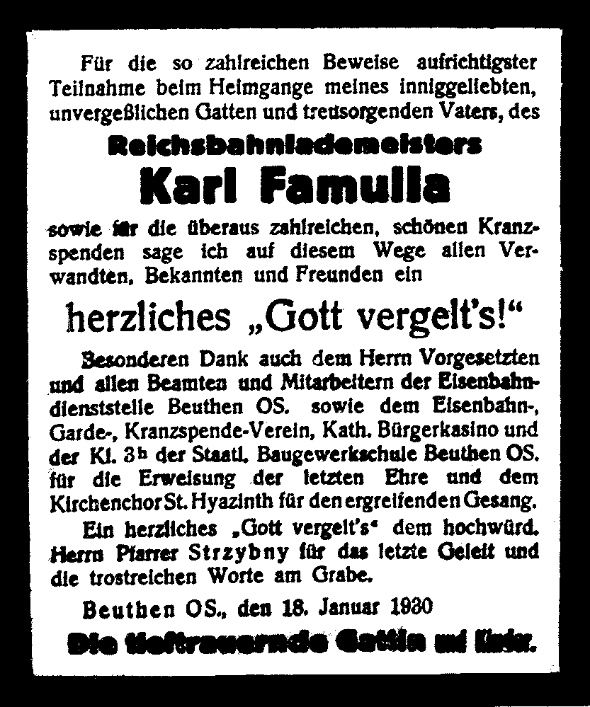 Danksagung in der Ostdeutschen Morgenpost vom
    19.1.1930